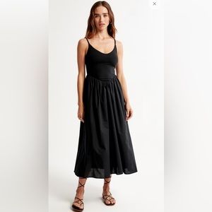 Black Mixed Fabric Drop-Waist Midi Dress